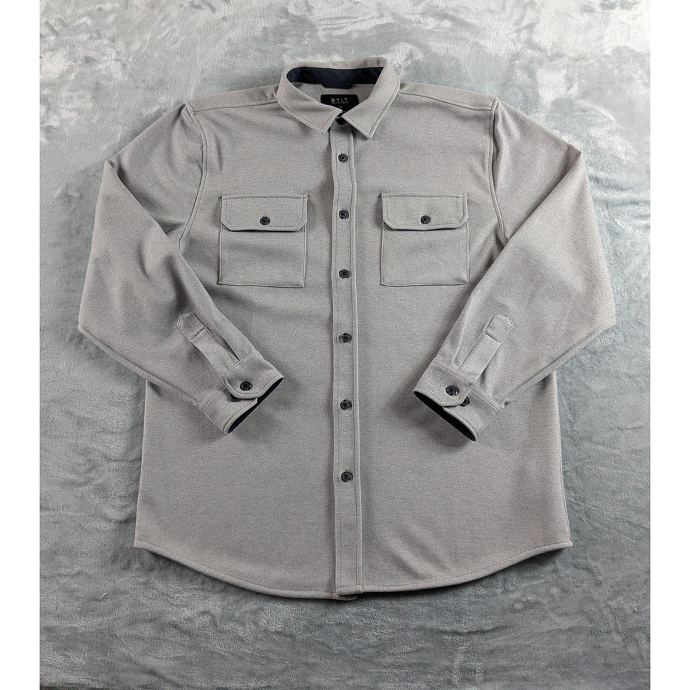 BYLT Premium Basic Coastal Overshirt Mens XL Gray Long Sleeve Button Up Stretch